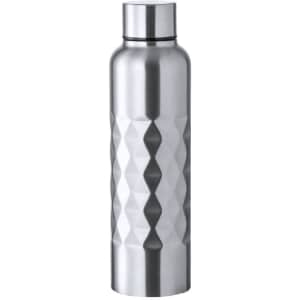 A drink bottle made of stainless steel with a geometric design, featuring a silver metallic finish and a secure lid.