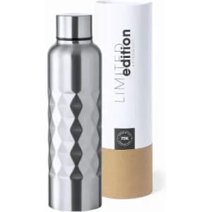 A drink bottle in shiny silver, featuring a diamond pattern, packaged in a cardboard cylindrical box.