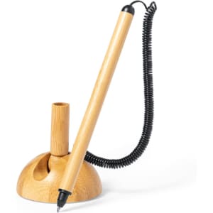 A bamboo pen holder with a black pen attached by a coil. The base is round and features a natural wood finish.
