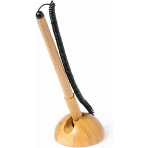 A bamboo pen with a coiled cord, set in a circular wooden holder. The design features natural wood tones.
