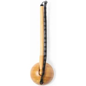 A wooden toggle with a spiral spring and circular base, featuring natural wood tones and a sleek design.