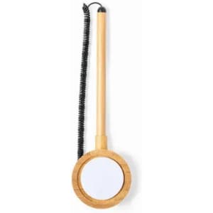A bamboo drink bottle with a circular body and a coiled black strap. It features a logo on the surface.
