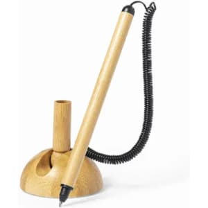 A pen with a wooden finish attached to a circular bamboo stand, featuring a coiled black cord.