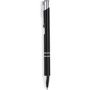 A black pen with a sleek design and silver accents, featuring a clip and a shiny tip.
