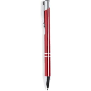 A red pen with a shiny metallic finish and silver accents, featuring a click mechanism.