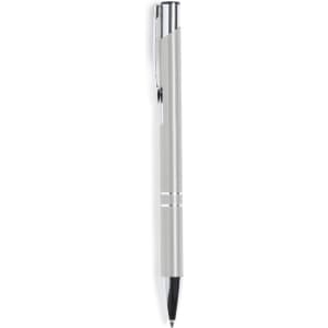 A silver pen with a sleek design, featuring a chrome clip and accents. It includes a logo on the body.