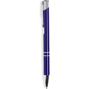 A pen in a deep blue colour featuring a shiny silver clip and accents, with a smooth writing tip.