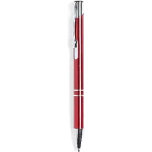 A red pen with a chrome clip and accents, featuring a sleek design and glossy finish.