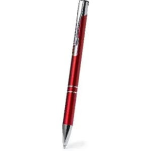 A red metal pen with a silver clip and accents, featuring a sleek design and a shiny finish.