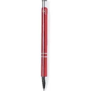 A red pen with a black ballpoint tip, featuring a logo and silver accents.