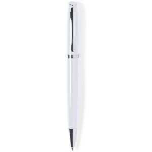 A pen with a sleek white body and chrome accents, featuring a simple design and retractable tip.