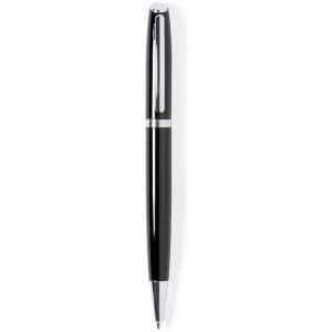 A black pen with a shiny finish and a silver accent, featuring a branding logo.