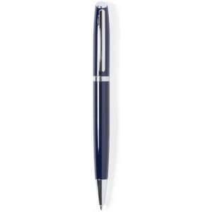 A pen with a sleek navy blue body and silver accents, featuring a logo on its clip.