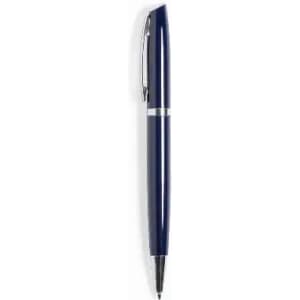 A blue pen with a silver band and clip, featuring a sleek design. It has a logo on the body.