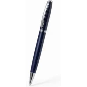 A pen in a dark navy blue with a silver accent and a sleek design. It features a branding logo.