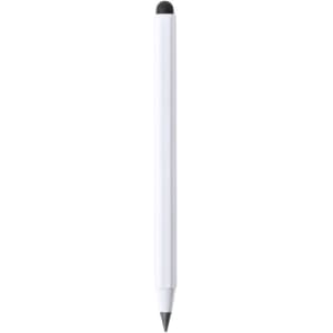 A pen featuring a white body with a black tip and a rubber stylus end, also displaying a logo.