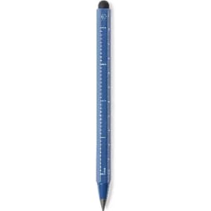 A blue pen with a ruler on one side and a stylus tip on the opposite end. It features a logo.