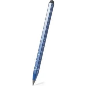 A blue pen with a pointed tip and a rubber grip, featuring a ruler along the side and a logo.