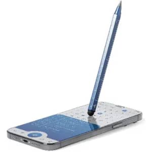 A smartphone displayed with a blue stylus resting on its screen, featuring a sleek design and a subtle logo.