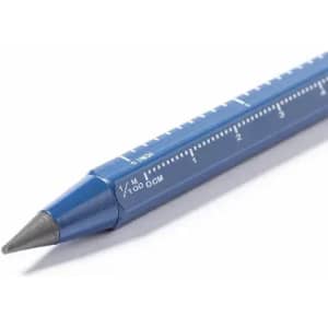 A blue pencil featuring measurement markings along its side, with a sharpened tip. It includes a logo on the body.