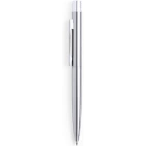A silver pen with a sleek design and a clip attachment. It features a shiny metallic finish.