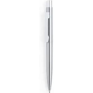 A silver pen with a sleek design and a clip for attaching to notebooks or pockets.