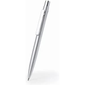 A silver pen with a sleek design, featuring a clip and a smooth tip for writing.