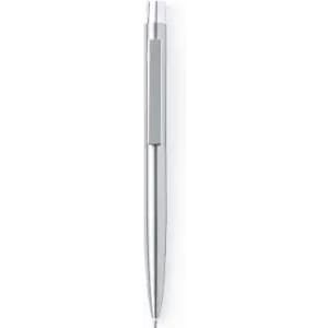 A silver ballpoint pen with a sleek design and a clip, featuring a shiny metallic finish.