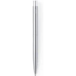 A silver pen with a sleek design and a simple logo on the body.