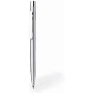 A silver ballpoint pen with a sleek design and a clip for attachment.