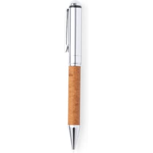 A pen with a chrome finish and a cork grip, featuring a clip and a smooth writing tip.