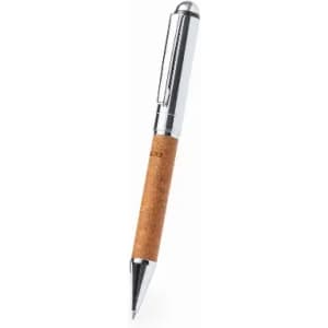 A pen with a chrome finish and a cork grip, featuring a sleek design. It has a clip for securing to pockets or notebooks.