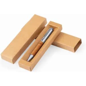 A pen with a wooden grip and silver accents, placed in a plain cardboard box, partially opened.