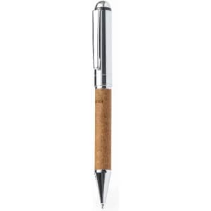 A pen with a chrome top and a natural cork body, featuring a sleek design and a brand logo.