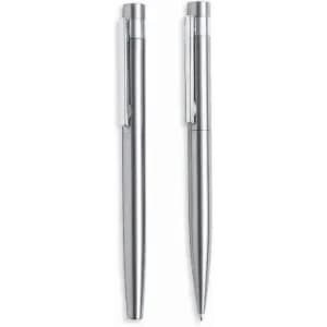 A set of two silver pens with sleek, metallic finishes and clip closures. Each pen has a smooth design.
