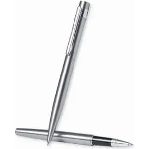 A silver pen with a sleek design, positioned upright next to its cap. The pen features a logo on its body.