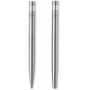 A set of silver metal pens with a sleek design, featuring a clear cap and a branded logo.