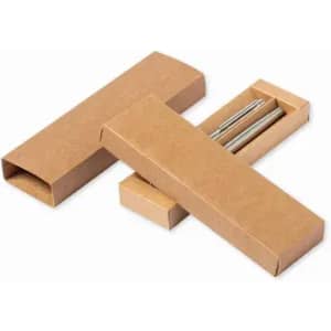 Two brown cardboard boxes, one larger and one smaller, containing metal straws inside.