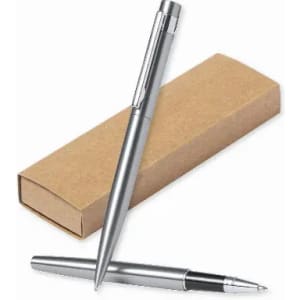 A silver pen resting beside its brown cardboard box. The pen features a sleek design and a shiny clip.