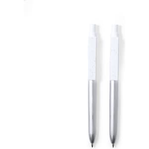 A set of two pens featuring a white barrel with a silver tip and a sleek design.