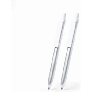 A set of two silver pens with white clips. Each pen has a sleek, metallic finish.