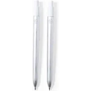 A set of two silver pens with white caps, featuring a logo on each.