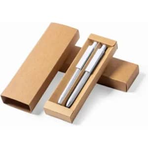 A set of silver pens in a kraft box, with a simple design and an outer box.