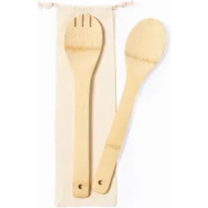 A set of bamboo serving utensils, including a spoon and fork, packaged in a canvas bag.