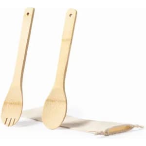 A set of wooden kitchen utensils, including a solid spoon and a slotted spoon, placed on a fabric holder.