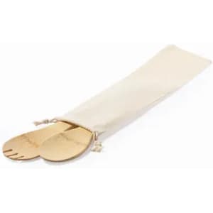 A set of wooden utensils in a natural fabric pouch, featuring a fork and spoon design, with a beige colour.