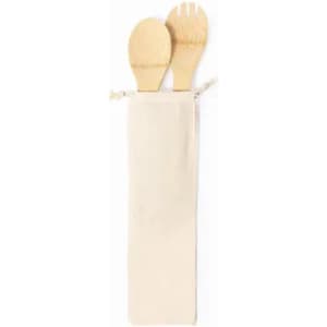 A set of wooden utensils including a spoon and a fork, packaged in a natural fabric pouch.