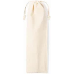 A cotton drawstring bag in a cream colour, featuring a simple design with a gathered top.