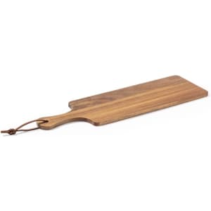 A wooden chopping board with a handle and leather strap, featuring a smooth, light brown finish.