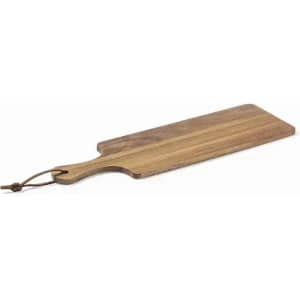A wooden serving board with a handle and a leather strap, featuring natural wood grain in warm tones.